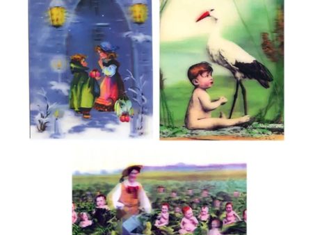 3 Victorian Children -POSTCARDS Stork, Cabbages, 3D Lenticular Greeting Cards - NEW Supply